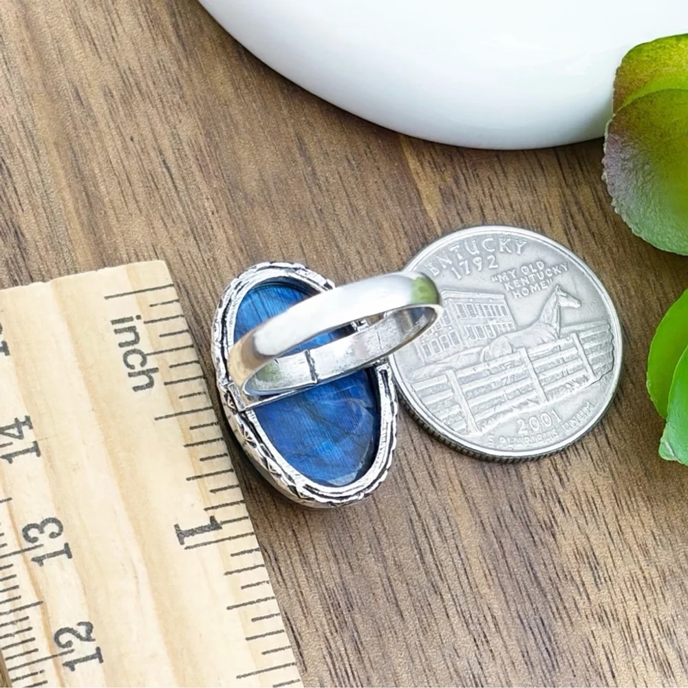 Natural Blue Labradorite Ring Size 7 Vintage Boho Sterling Silver 925 Overlay